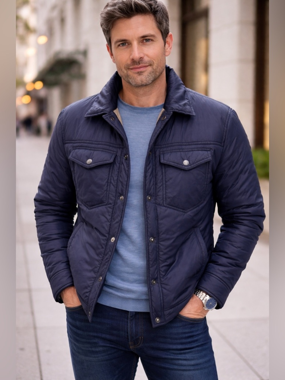 Todd Snyder Navy Quilted Snap-Front Jacket